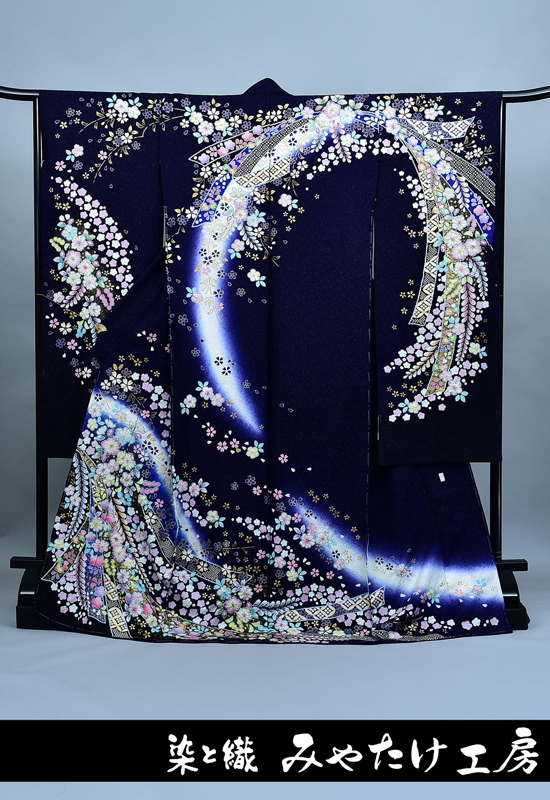 翠山の辻が花振袖｜濃紺-タイプ３