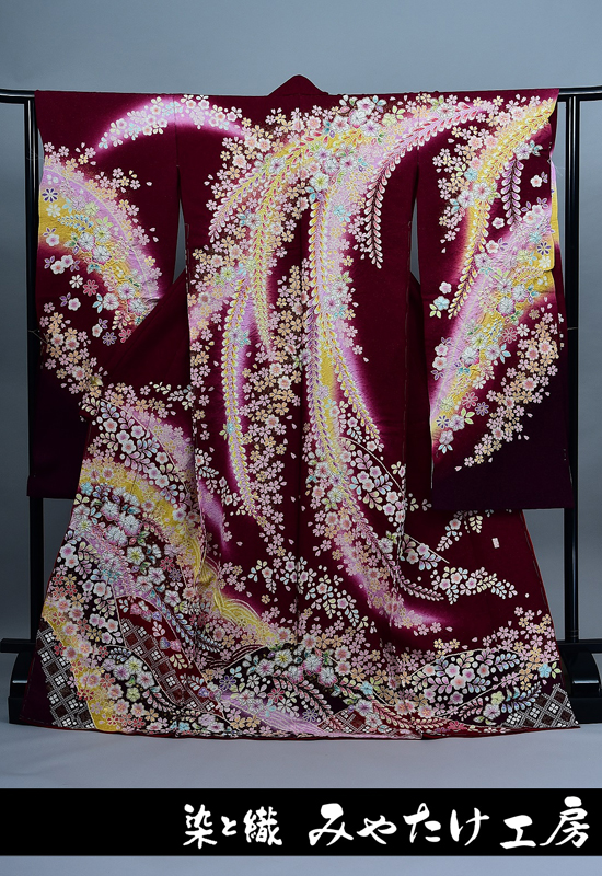 翠山の辻が花振袖｜赤紫